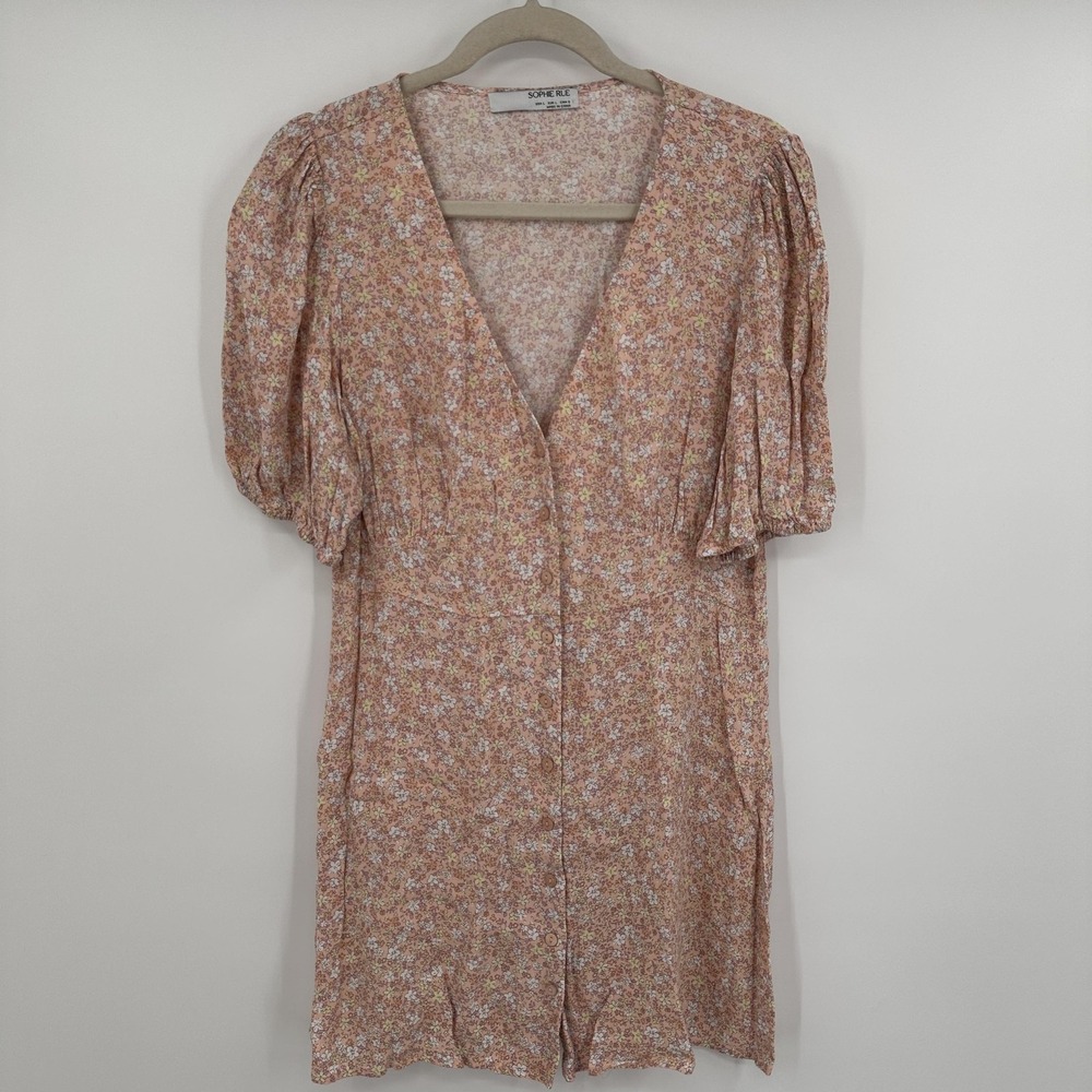 Sophie Rue Dress Womens Large Floral Button Front Puff Sleeve V Neck Pockets